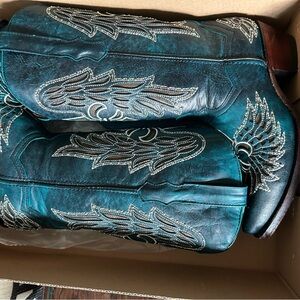 Embroidered Teal Heeled Boots